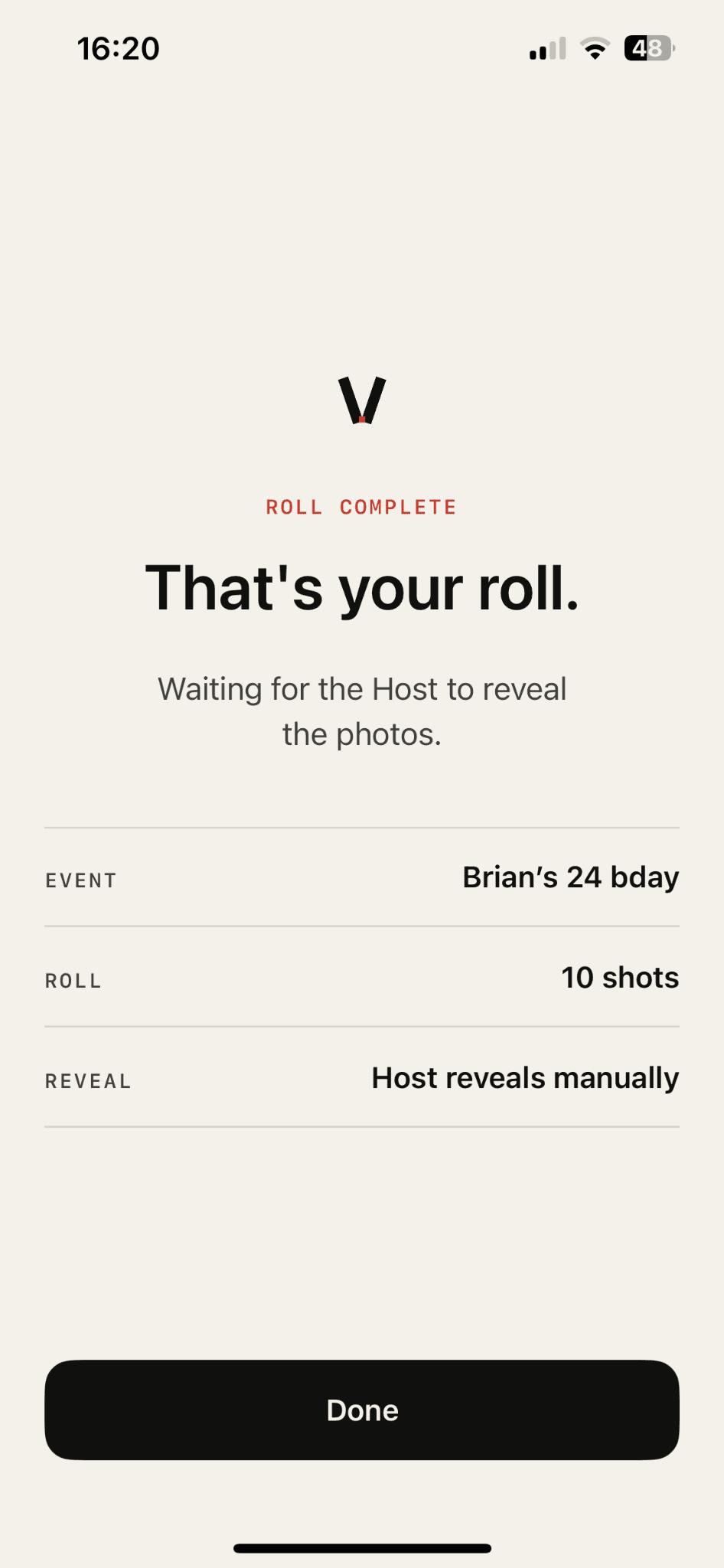POVE roll complete screen waiting for the Host to reveal
