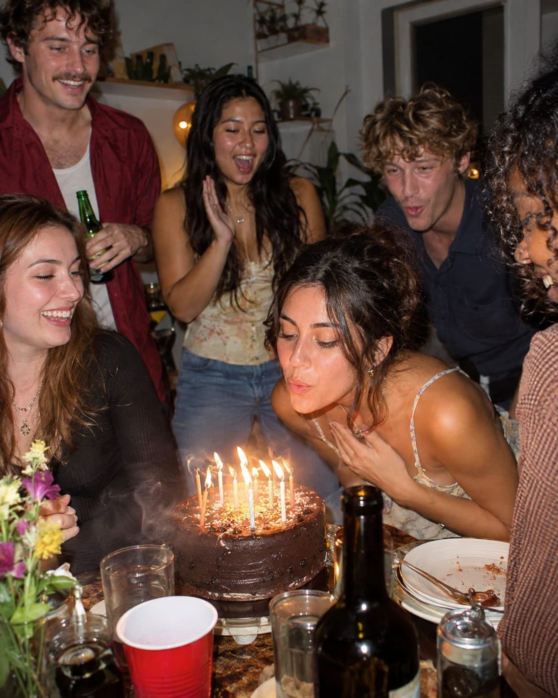 Guest blowing out birthday candles surrounded by friends
