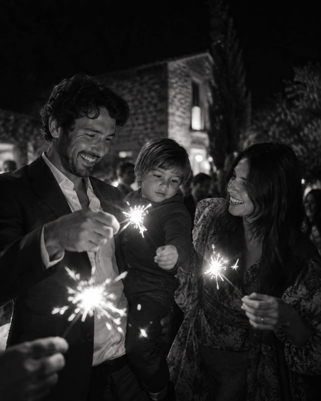 Family celebrating with sparklers