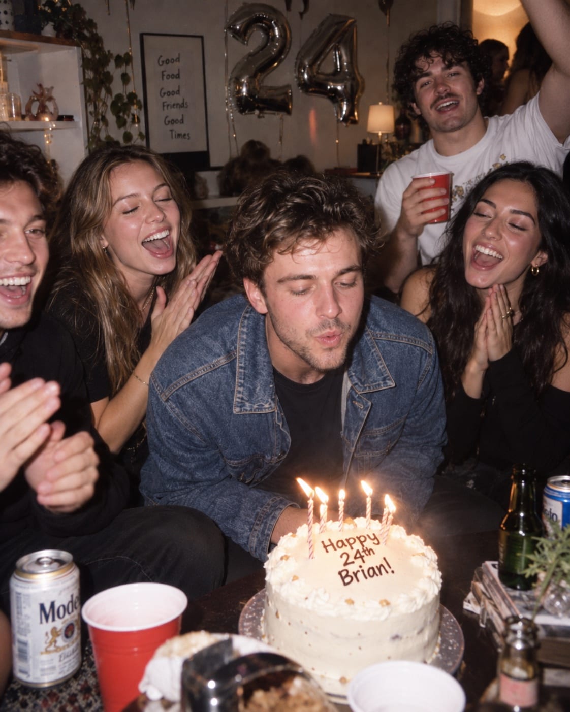 Guest blowing out birthday candles surrounded by friends