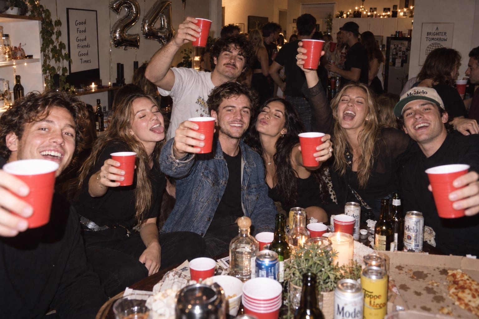 Group of friends raising cups together