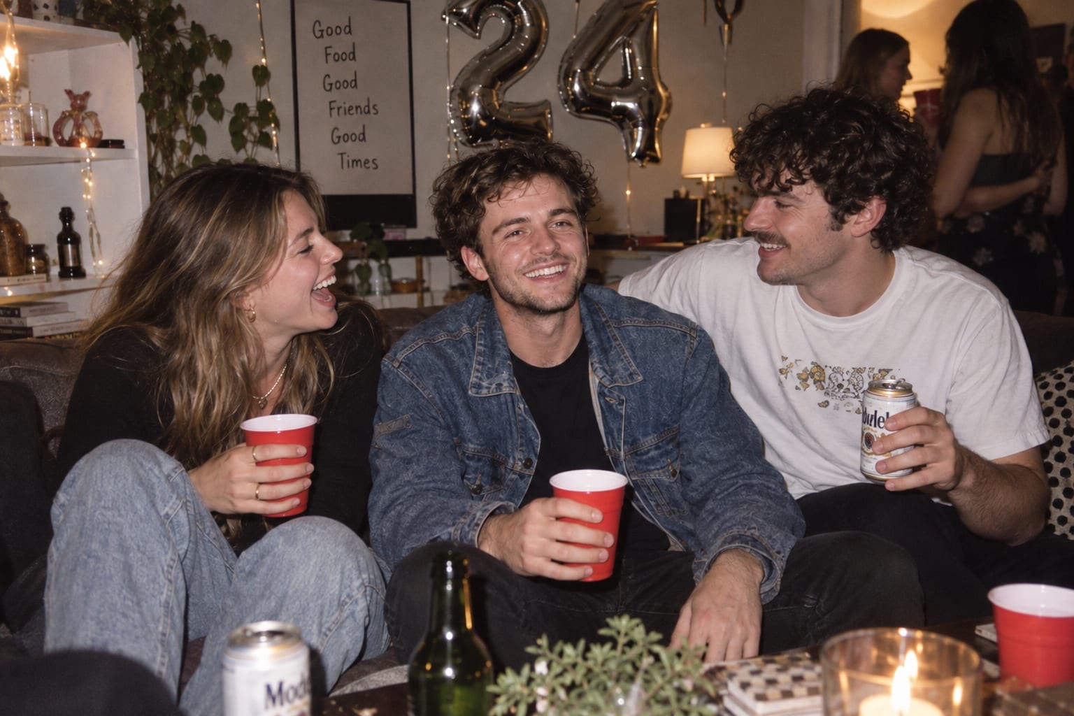 Friends sharing a candid moment at the party