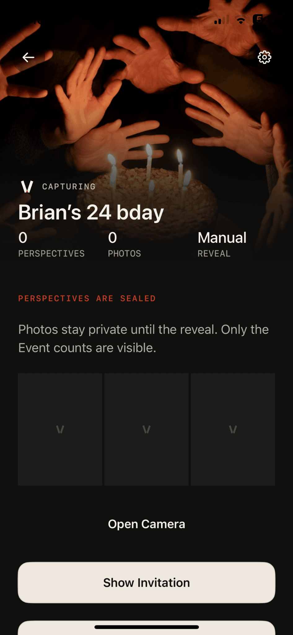 POVE build 102 Host Event screen with the Event cover, sealed perspectives and creation controls