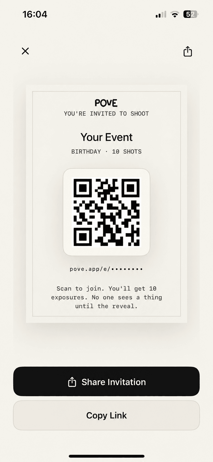 POVE invitation screen with a neutralized QR code and masked link